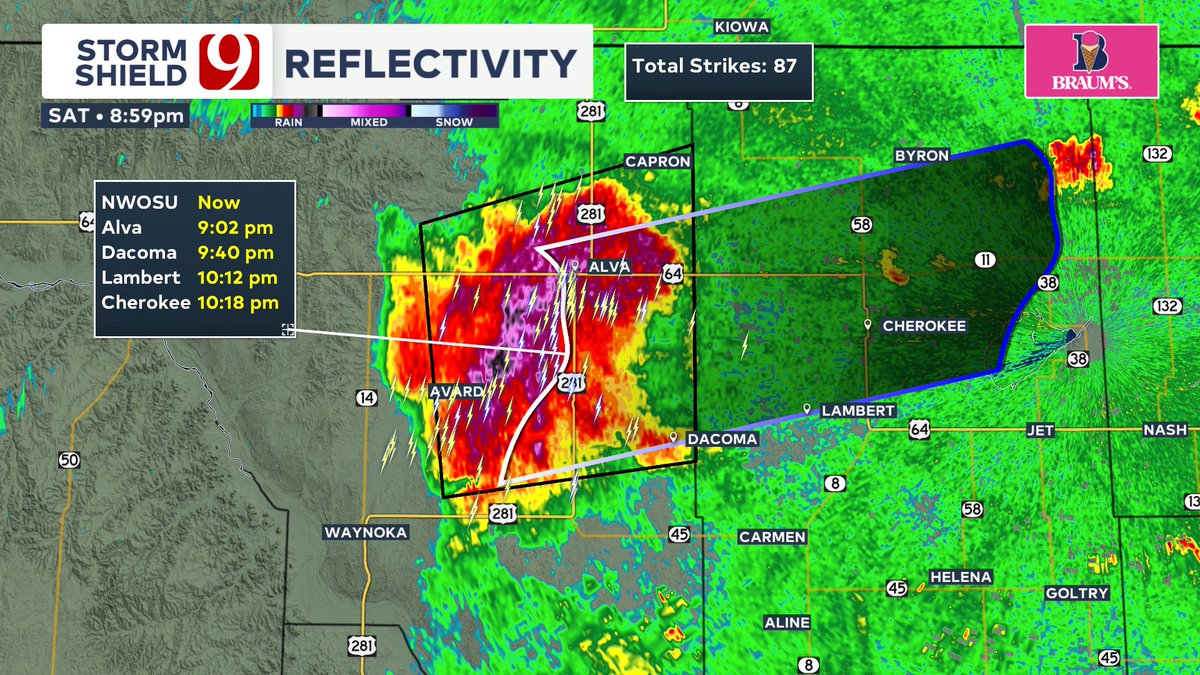 8:59 PM - Half dollar size hail now possible in Woods county storm. #okwx