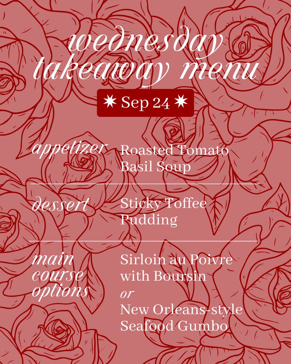 Wednesday Takeaway is headed into soup-season! 

🍲 

Ready-to-eat. Order by 5p Tue for pickup on Wed between 5p-6p. 3-course takeaway includes an appetizer, main &amp; dessert. Each item also available individually.

Menu options change weekly.   

🔗 oldsurreyrestaurant.ca/wednesday