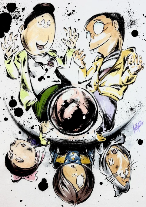 #私の愛した歴代ゲゲゲ 9月期 墨絵 5期「働く!目玉おやじ」 2期「幸福という名の怪物」 3期「地獄行!幽霊電車!!」 5期「パパになった ねずみ男」 #ゲゲゲの鬼太郎 #墨絵