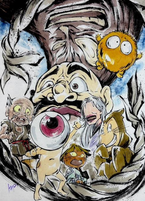 #私の愛した歴代ゲゲゲ 9月期 墨絵 5期「働く!目玉おやじ」 2期「幸福という名の怪物」 3期「地獄行!幽霊電車!!」 5期「パパになった ねずみ男」 #ゲゲゲの鬼太郎 #墨絵