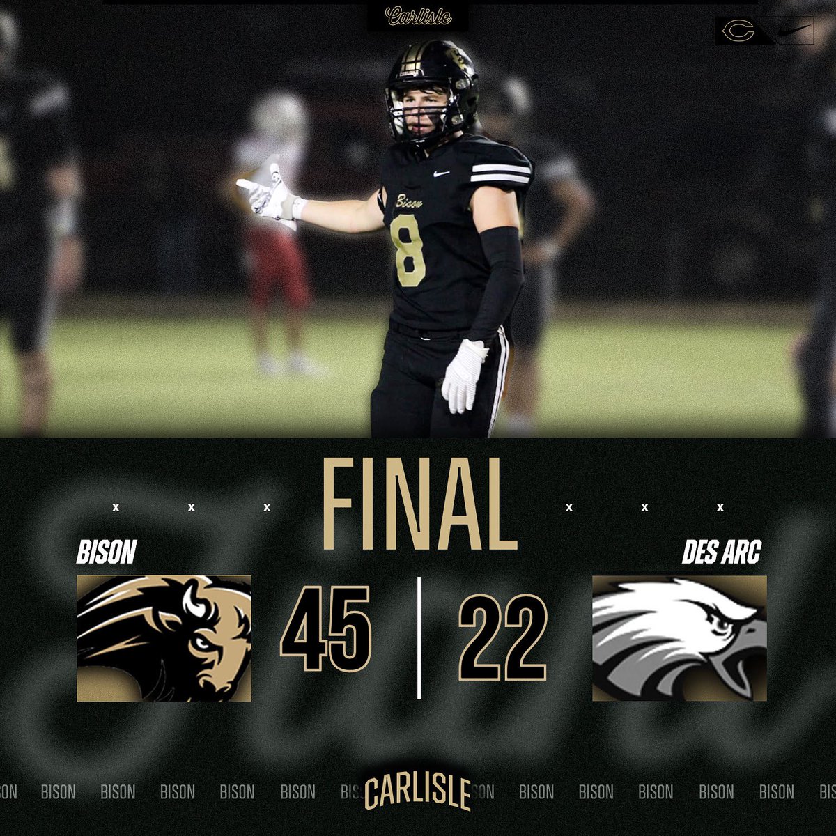 chsbisonfb's tweet image. Statement made last night. 

B. Hauk- 25/37 331 yds 2 tds
                      13 att 80 yds 3 tds
C. Pernell- 4 rec 90yds 1 td
Ja. Elliott- 8 rec 88yds
Jo. Elliott- 1 rec 46 yds 1 td 

Defense only gave up 208 total yards 3 F Rec. 

J. Cham- 6/6 PAT &amp;amp; 27 yd FG

#AllWeGot