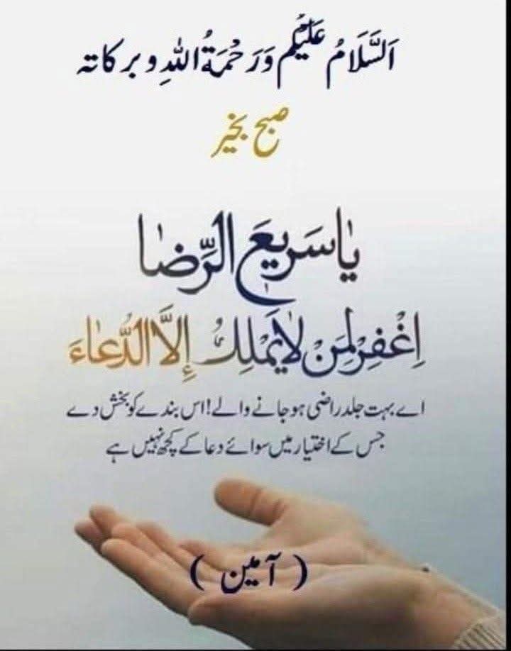 ﺍﻟﺴَّـــــــﻼَﻡُ ﻋَﻠَﻴــْــﻜُﻢ ﻭَﺭَﺣْﻤَﺔُ ﺍﻟﻠﻪِ ﻭَﺑَﺮَﻛـَـﺎﺗُﻪ.                                                                             ﷽
اے سمیع العلیم بیمار کو شفا، کمزور کو طاقت، مسافروں کو سہولت اور مسائل کو بہترین حل عطا فرما دے. 
صبح بخیر.