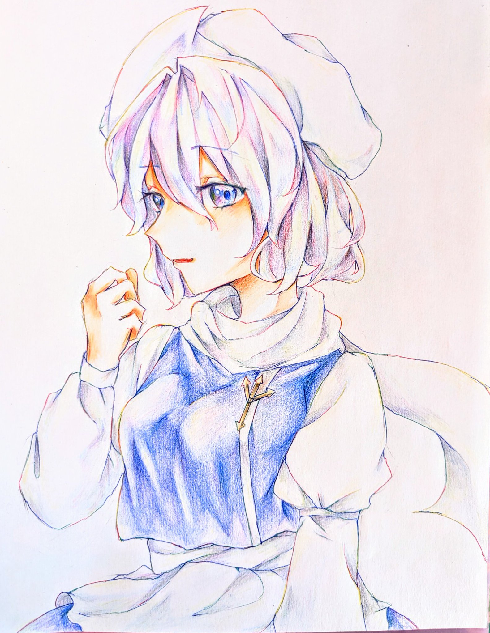 f*X様 アナログイラスト 手描きイラスト 色紙 ブルーホワイト 手描きイラスト ブルアカ アコ 色紙 オリジナルイラスト