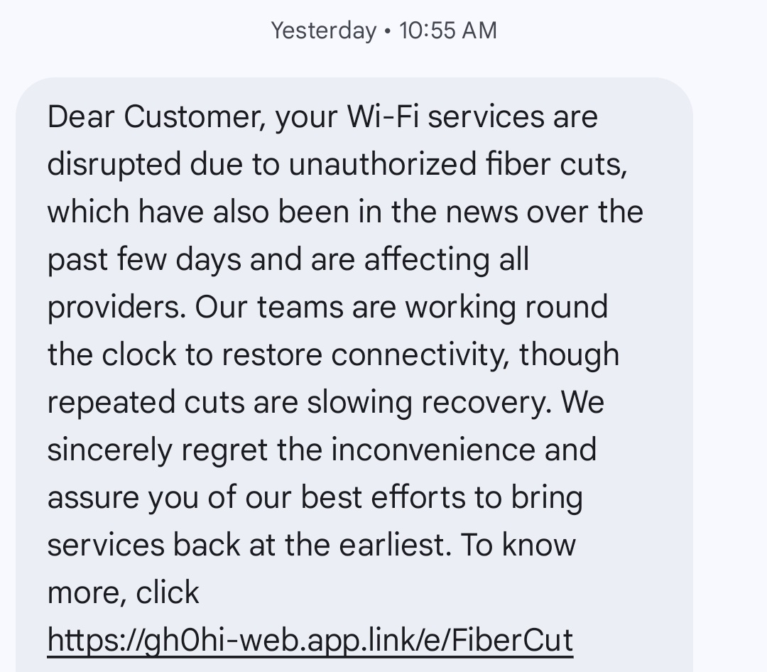 saivenkateshwar's tweet photo. @Airtel_Presence @Airtel_Presence First try to coordinate with your ground team &amp; understand the cause. Don't forward the same message to everyone in #Hyderabad.  Just there was a small issue outside my house. No #fibercut.
By the way I myself got resolved it.
#airtelfiber #airteldown https://t.co/4rWn5Sx2ns