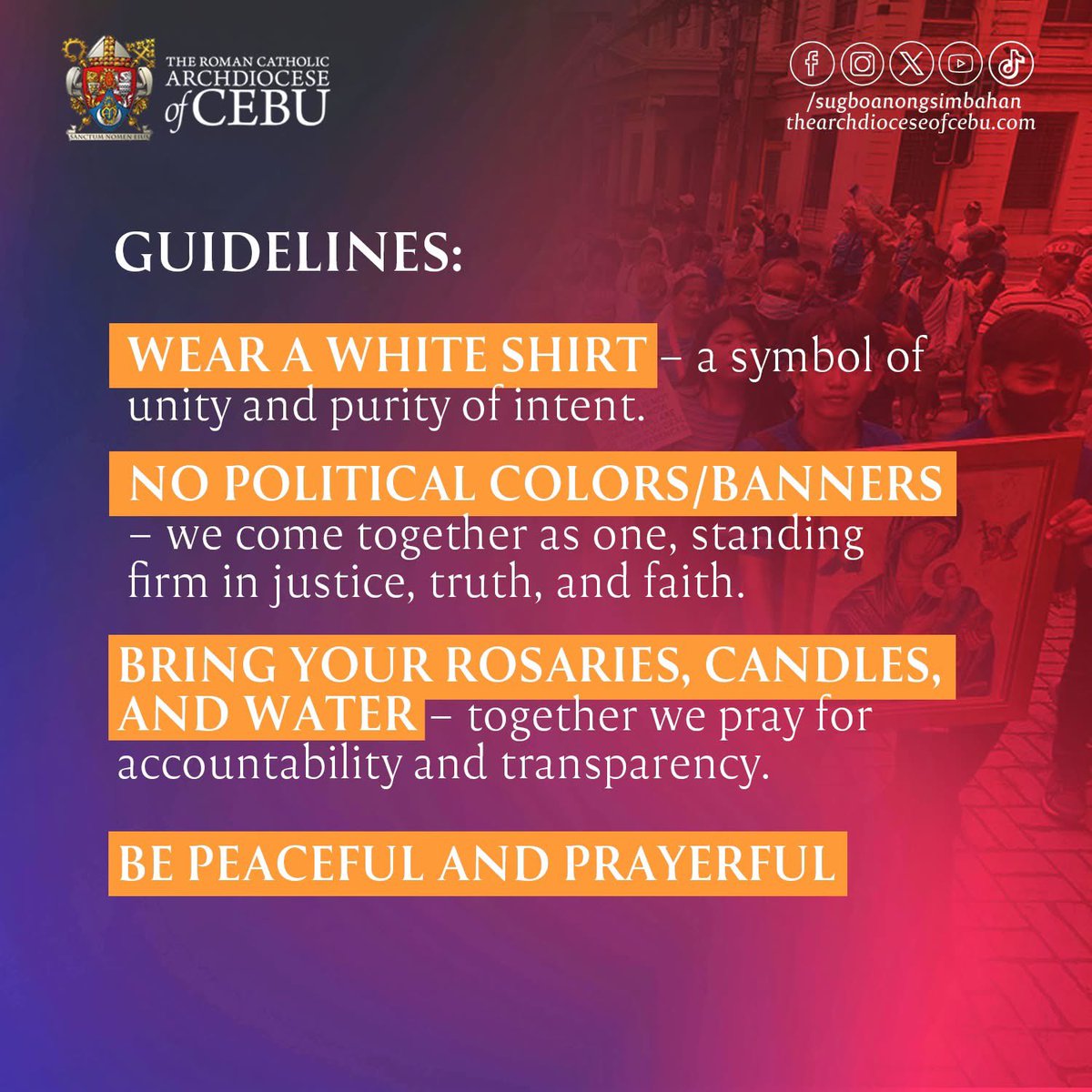 TRILLION PESO MARCH | In response to the Catholic Bishops’ Conference of the Philippines, we heed the call to come together as one people of faith.

Read more: facebook.com/share/p/1B62VA…

#SugboanongSimbahan