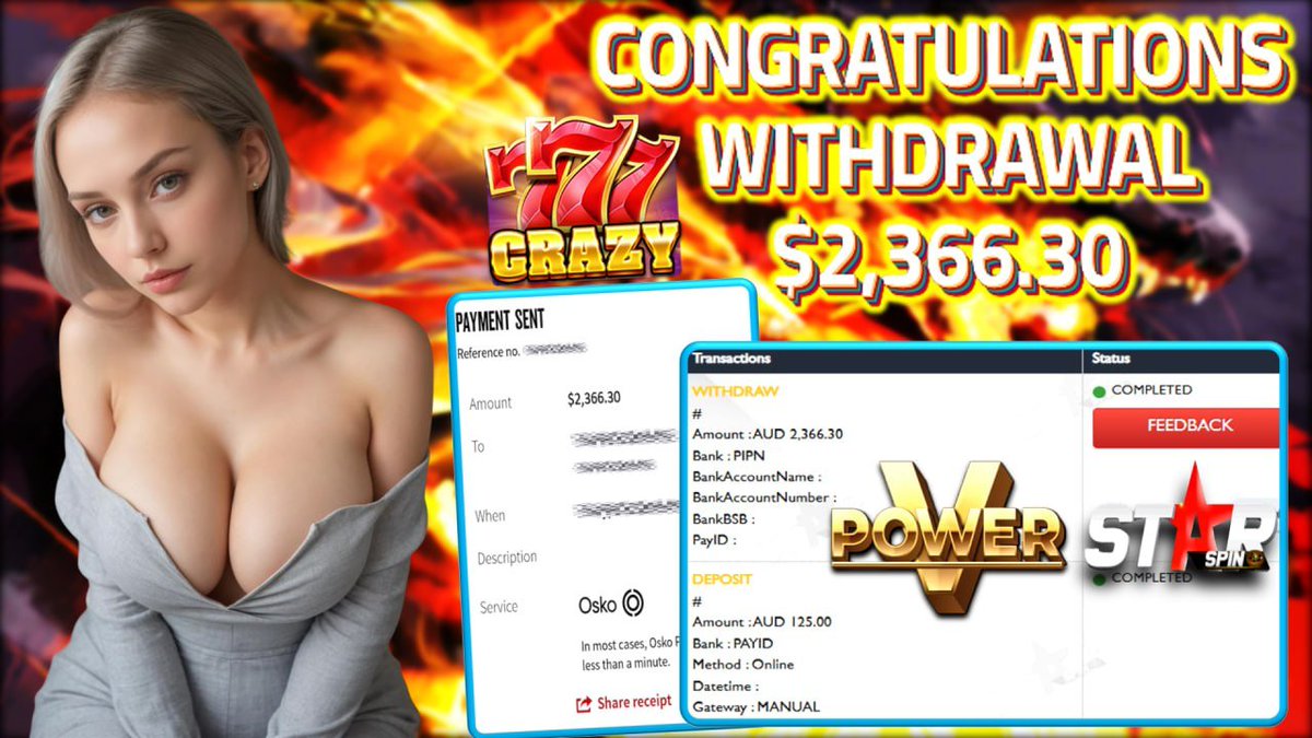 ✨ Starspin996 – Australia’s #1 E-Wallet Platform! 🇦🇺
🌟 Congratulations to our Lucky Star! 🌟
🔥 Another big win from our trusted platform!
🎮 Platform: VPOWER
🎰 Winning Game: 777 CRAZY
💰 Deposit: A$ 125.00
💵 Withdraw: A$ 2,366.30
💎 Your big break could be next!💎