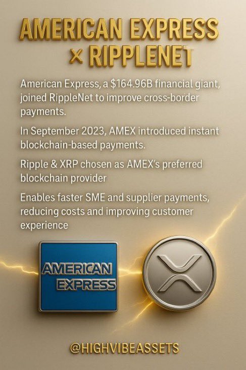 HighVibeAssets's tweet image. AMERICAN EXPRESS 🫱🏾‍🫲🏽 RIPPLE 🚀

THIS IS FIRE 🔥 🔥

"AMERICAN EXPRESS IS GLOBALLY RECOGNIZED FINANCIAL SERVICES CORPORATION, BEST KNOW FOR ITS CREDIT CARD, CHARGE CARD, AND TRAVELERS BUSINESSES, HAVE JOINED RIPPLENET TO IMPROVE ITS BUSINESS-TO-BUSINESS CROSS-BORDER PAYMENTS"