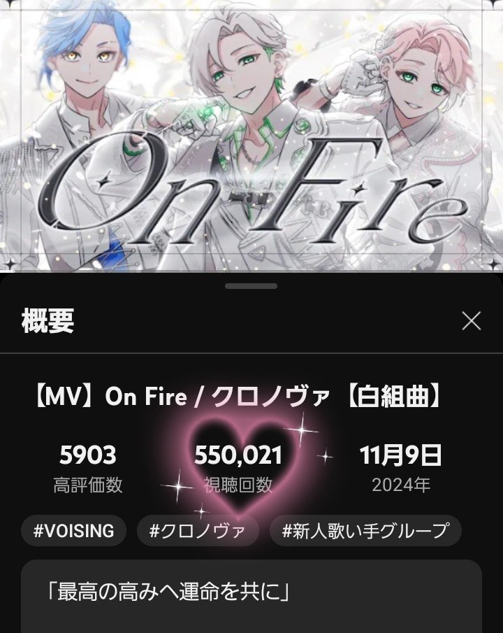 hallo8696's tweet photo. ▷1st Album Oder Theme Song◀
On Fire / クロノヴァ〚白組曲〛
㊗550,000回再生
おめでとうございます✧*｡
🔗 https://t.co/1R24rnvQLI

最高の高みへ運命を共に

#On_Fire #かなめーる #甘夢日記 
#しゃルックミー #クロノヴァ #VOISING
https://t.co/MuHb4Hj4Ci https://t.co/hxZcI1Pc2z