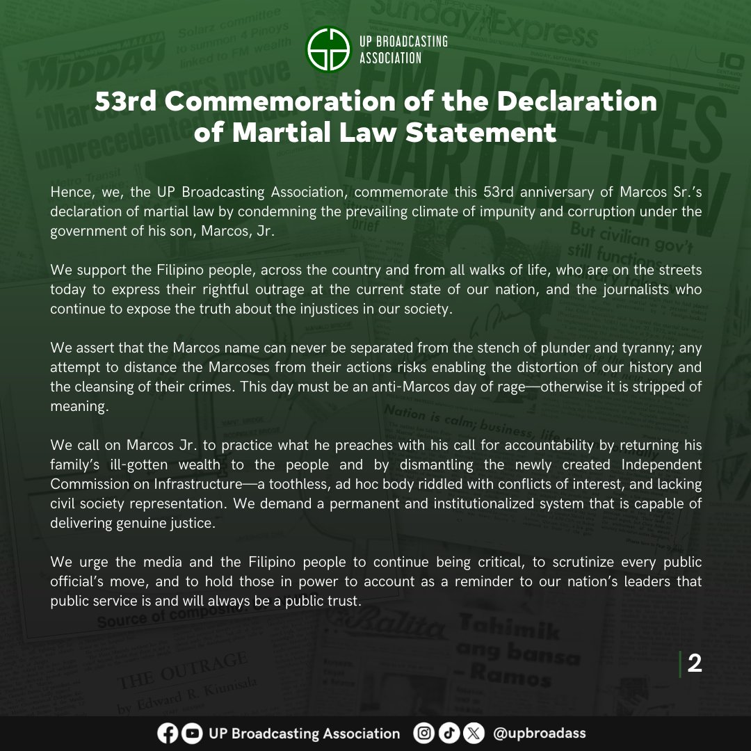 SEPTEMBER 21 IS AN ANTI-MARCOS DAY
On the 53rd Commemoration of the Declaration of Martial Law.

#ML53
#NeverAgain
#NeverForget