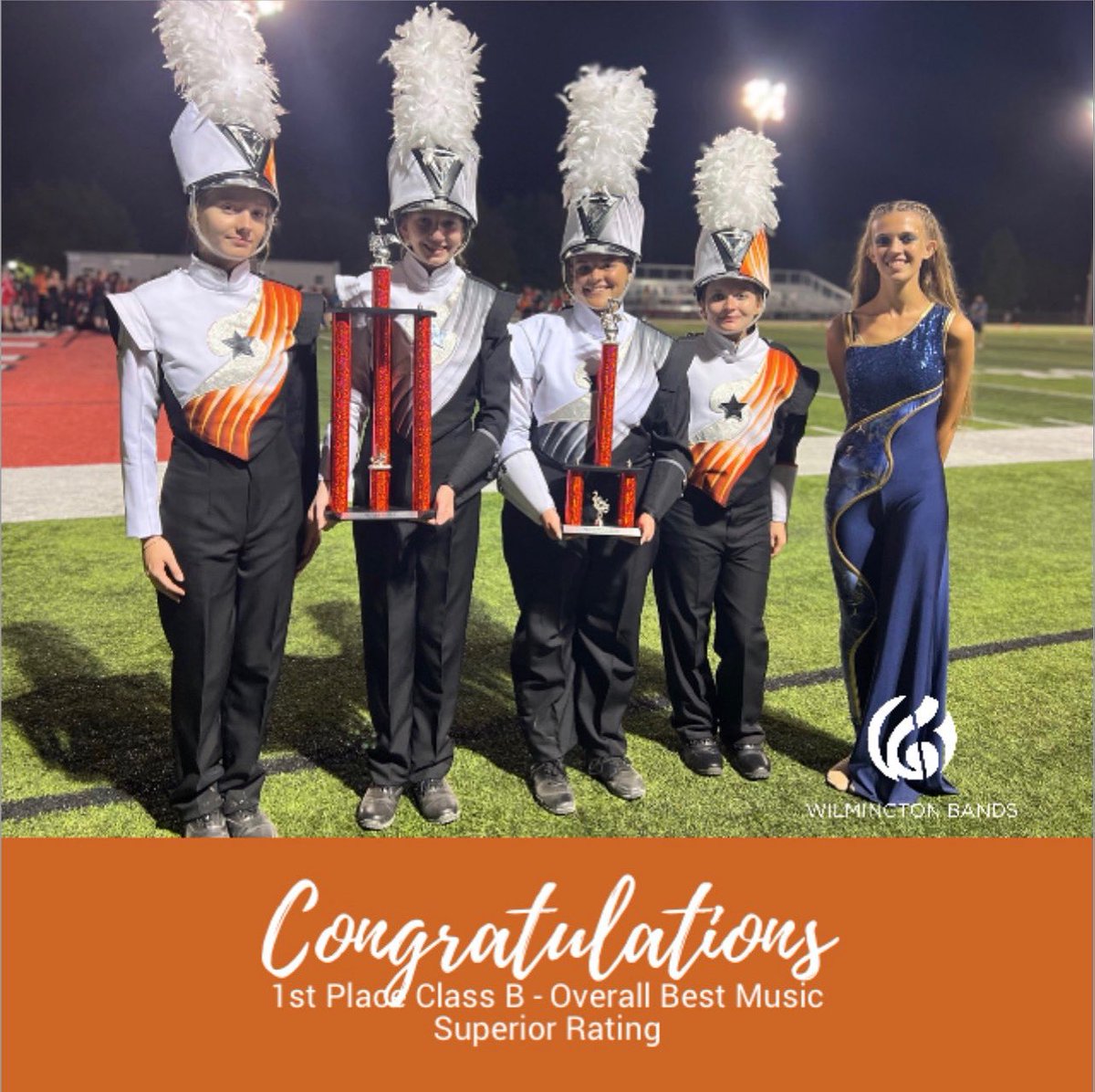 Congratulations to the PRIDE of Wilmington Marching Band on receiving 1st Place in Class B, Overall Best Music, and a Superior Rating at the OMEA Tippecanoe High School Invitational!