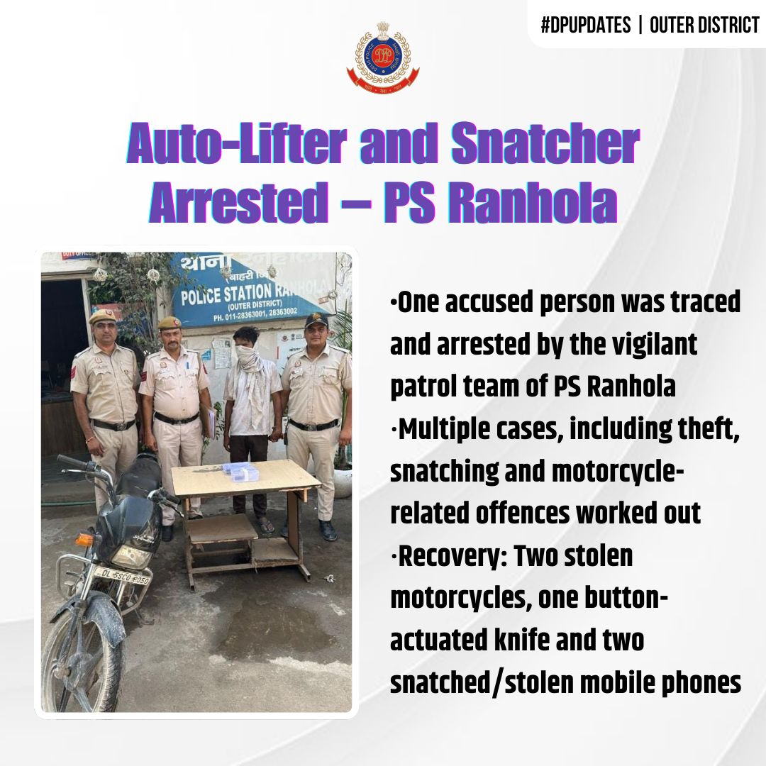 dcpouter's tweet image. 🚨 PS Ranhola | Outer District 🚨 

Vigilant patrol staff of PS Ranhola nabbed a BC involved in multiple cases of theft &amp;amp; snatching. With his arrest, 04 cases were solved. Recovery includes 02 stolen motorcycles, 02 snatched/stolen mobile phones &amp;amp; 01 button-actuated knife.…