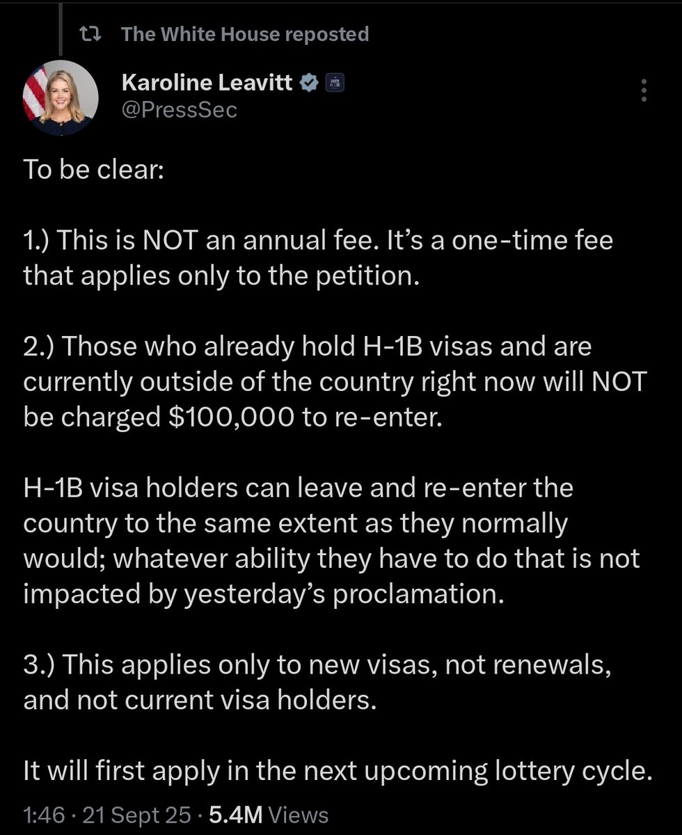 fromCharanRaghu's tweet photo. 🚨 White House clarifies Trump’s $100K #h1bvisa fee 🚨

❌ Not annual – one-time, only per petition

✅ Current H-1B holders abroad can re-enter without paying

✅ Applies ONLY to new visas, not renewals

⏳ First kicks in from the next lottery cycle

#Immigration #USIndia #Tech https://t.co/YT4kly1DzH