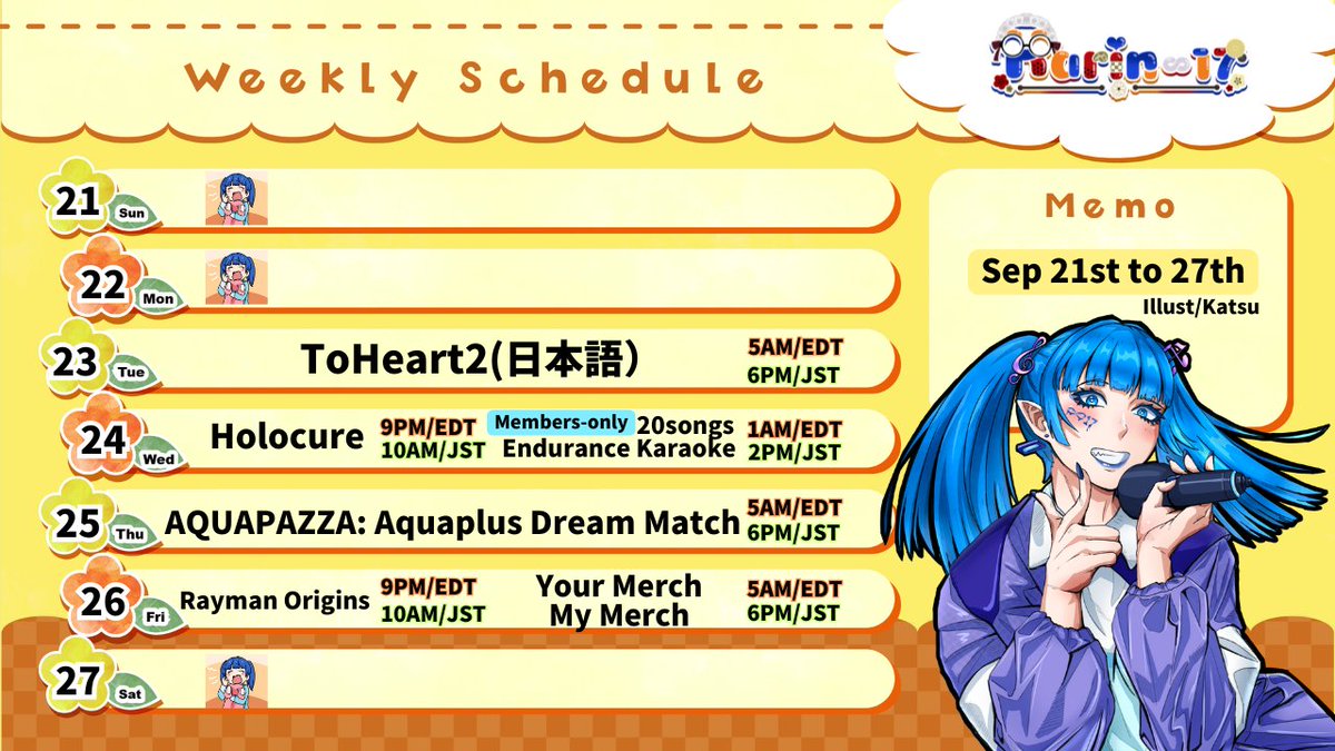 Infinity17yo's tweet photo. This is my weekly schedule💙karaoke stream for members this week🎤#ToHeart2 #animecore #aquapazza #aquaplus #RaymanOrigins #holocure #holoindie #個人勢Vtuber #個人Vtuber #新人Vtuberを発掘せよ #envtuber #karinfiniTV #smallvtubersupport #VTuberUprising https://t.co/koD16zvfYe