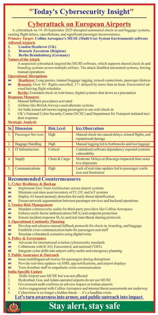 bthepolice's tweet image. 🛫 Cyberattack on European airports disrupted check-in &amp;amp; baggage systems.
Target: #Collins Aerospace’s #MUSEsoftware
Affected: #Heathrow 🇬🇧, #Brussels 🇧🇪, #Berlin 🇩🇪
#India safe✅ 
Cybercrime a headline crisis.
#CyberAlert #AirportSecurity #i4c #MHA #Cybersafe #AI #Delhipolice