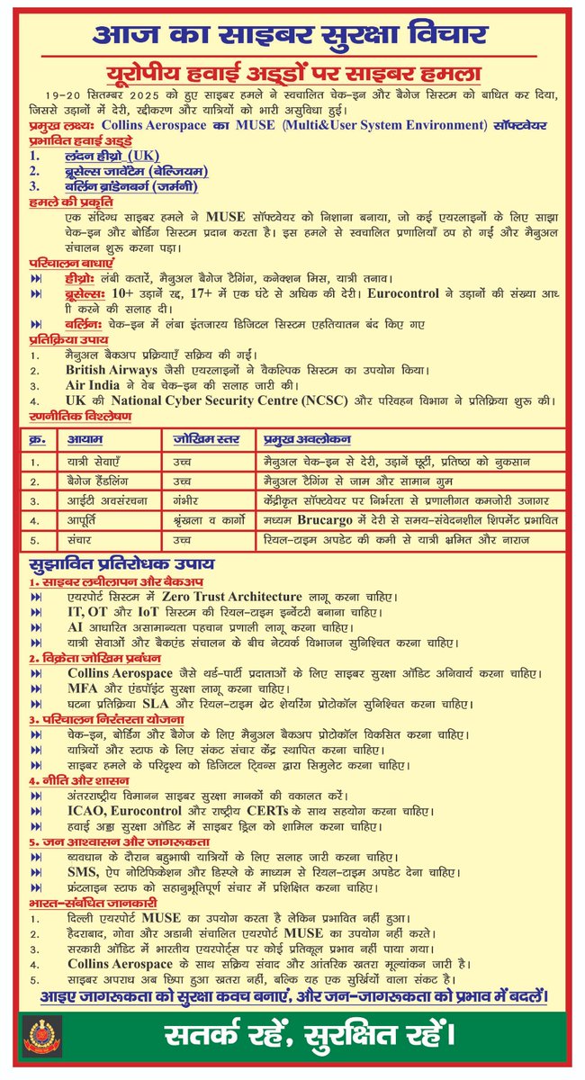 bthepolice's tweet image. 🛫 Cyberattack on European airports disrupted check-in &amp;amp; baggage systems.
Target: #Collins Aerospace’s #MUSEsoftware
Affected: #Heathrow 🇬🇧, #Brussels 🇧🇪, #Berlin 🇩🇪
#India safe✅ 
Cybercrime a headline crisis.
#CyberAlert #AirportSecurity #i4c #MHA #Cybersafe #AI #Delhipolice