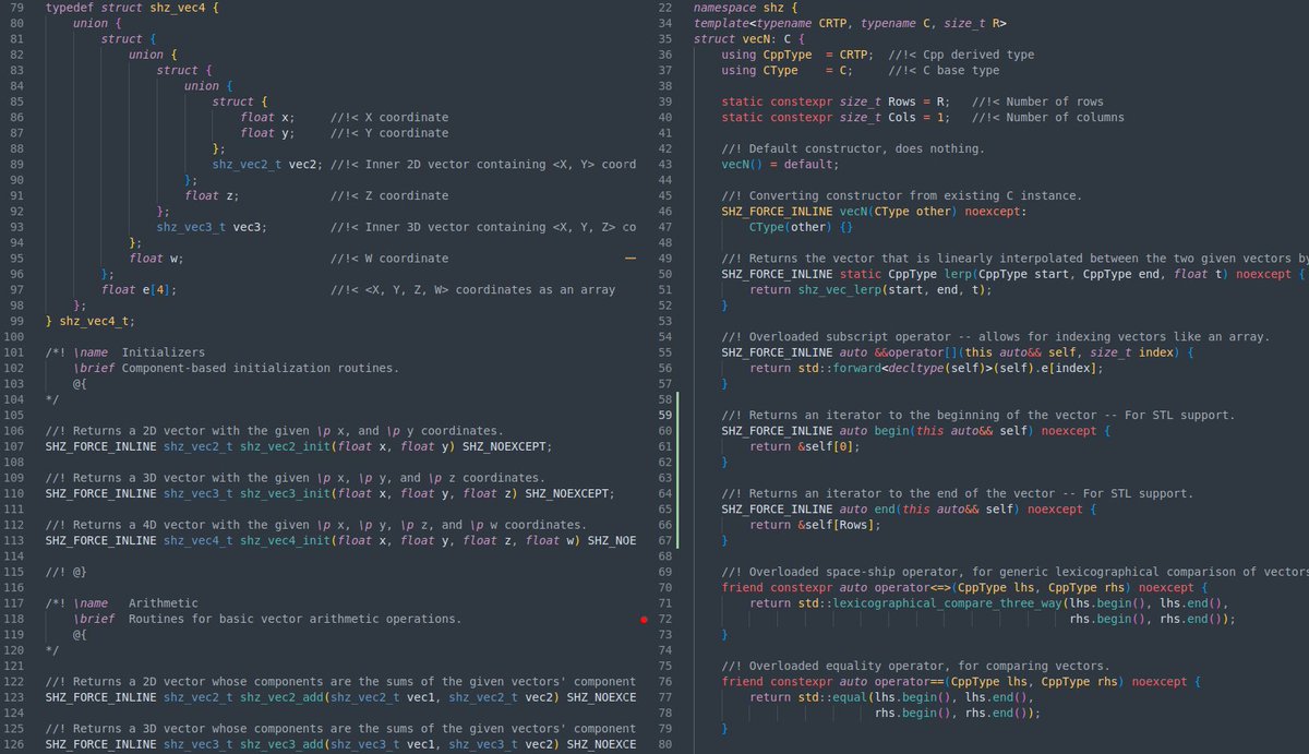 falco_girgis's tweet image. I&apos;ve been having way too much fun doing BOTH a modern C23 API (left) and a modern C++23 API (right) around my low-level, SH4 assembly-optimized math routines in my Sega Dreamcast library, SH4ZAM.

I&apos;m not picking favorites, because I got users of both languages, and I know I have…