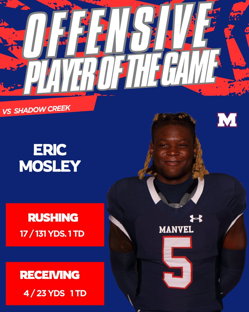Congratulations to <a href="/EricMosley_27/">Eric Jamari Mosley III</a> for being named Offensive Player of the game vs Shadow Creek. <a href="/CoachKirkMartin/">Kirk Martin</a> 
<a href="/HokaHeyBooster/">Manvel Ath Booster Club 🏈🏐🏀⚾️🥎⚽️⛳🏊‍♂️🏋️🏃‍🏃</a>
<a href="/ManvelHS/">Manvel High School</a>
<a href="/AlvinISDAth/">Alvin ISD Athletics</a>
#BeDifferent #RecruitManvel #Family