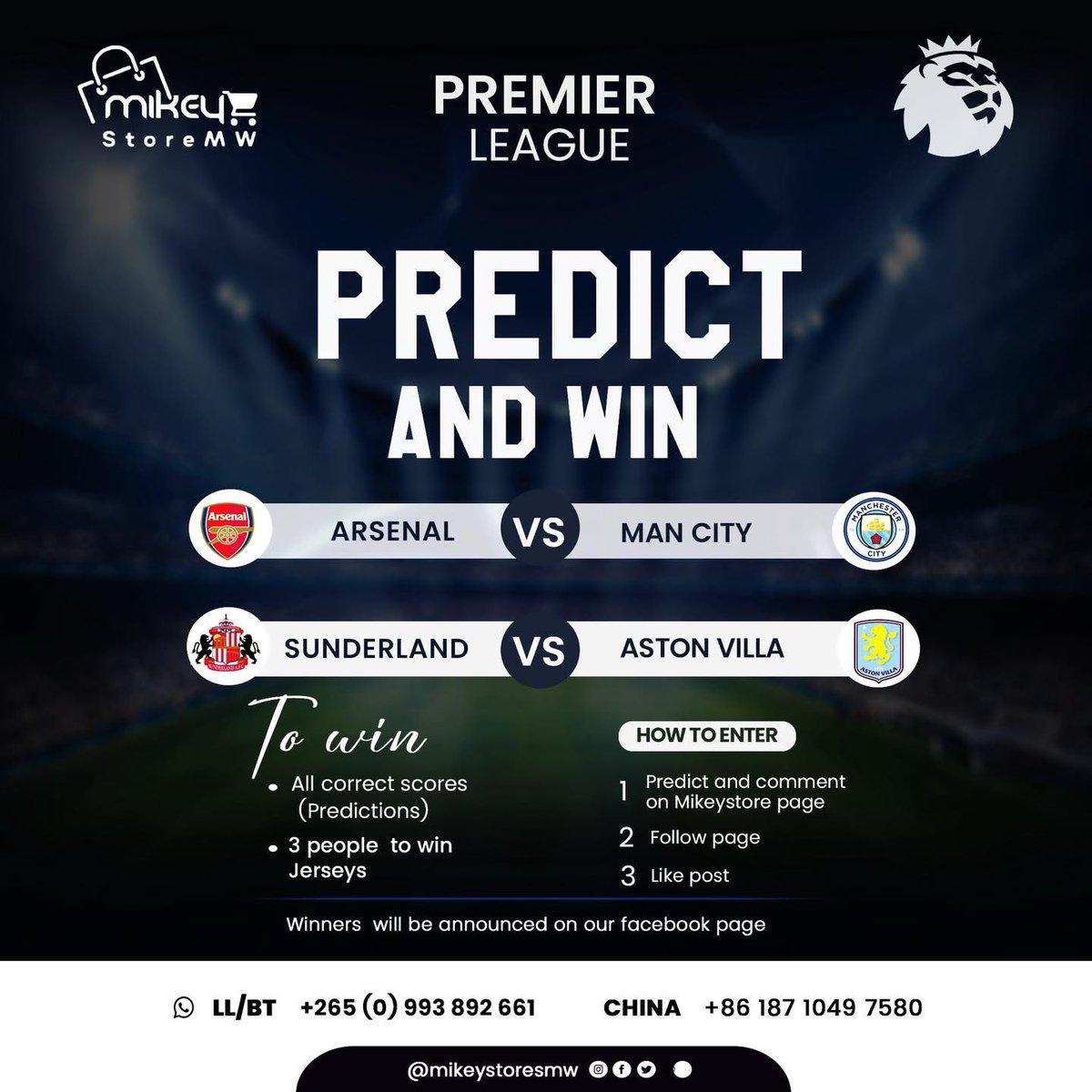 mikeystoreMw's tweet image. Predict and win 🔥🔥🔥

Arsenal vs Man city
Sunderland vs Astonvilla

Winner to be announced Monday 
Pick up location: LIMBE KAPENGA ASN PLAZA SHOP 5 

Drop your predictions