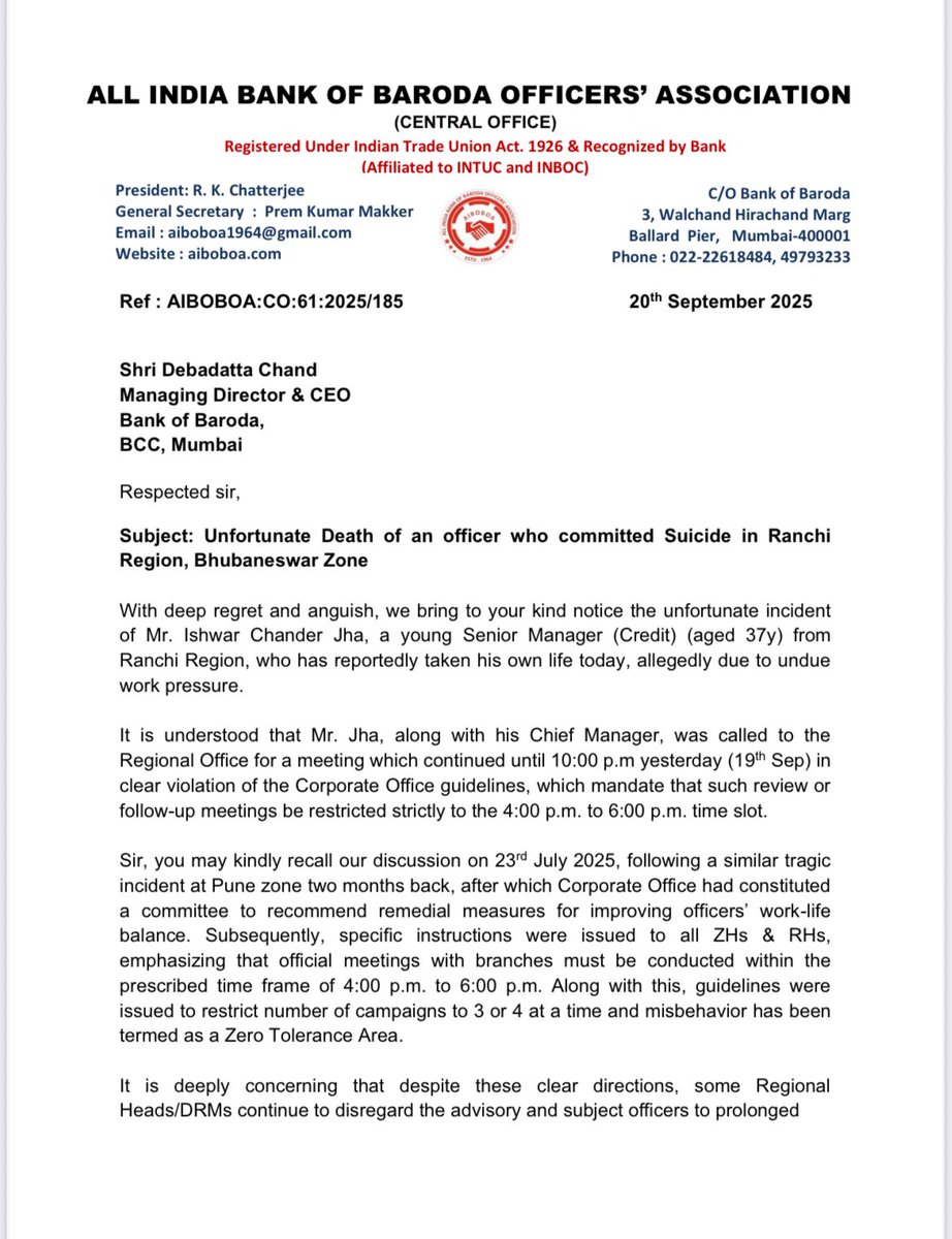 bankaffairs's tweet photo. Don’t call it “unfortunate.”
And unions must also accept their failure. While the BOB  unit is at least writing letters, most others @UFBUIndia  are silent .

The tragic death of Ishwar Chander Jha, Senior Manager (Credit) in Ranchi, is not the first case. Recent incidents show exactly how the system functions — pushing officers beyond limits until lives are lost.

July 2025 – Baramati, Pune: Chief Manager Shiv Shankar Mitra died by suicide inside his branch, leaving a note on work pressure.

June 2025 – Raebareli Region: Officer Rahul Kumar Pal was critically injured in a late-night road accident after attending a Teams meeting called by Regional Office.

Sept 2025 – Kerala, Vyttila Branch: Chief Manager C. Ramalakshmi went missing; a note reportedly cited work stress. She was later traced alive and admitted to hospital.

Suicides, accidents, disappearances — this is no coincidence.
It is a pattern of harassment and reckless late-night work culture.
Management cannot wash its hands of responsibility — and unions cannot hide behind silence anymore.

@DFS_India @nsitharaman