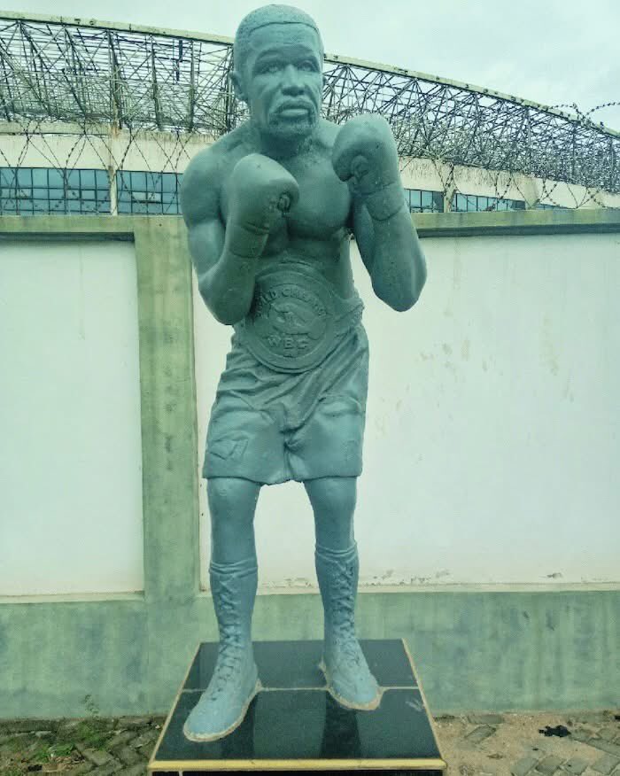 Ghanaian boxing legend Azumah Nelson's statue outside Essipond Stadium in Sekondi-Takoradi, Ghana.