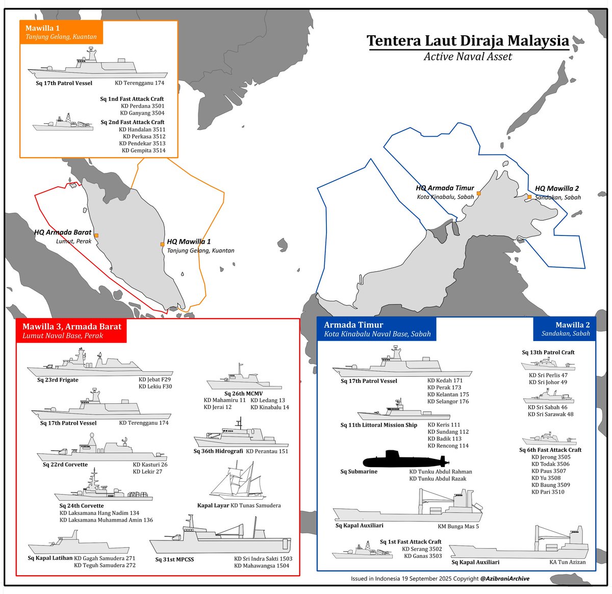 Map of <a href="/tldm_rasmi/">Royal Malaysian Navy</a> Royal Malaysian Navy assets shows strategic importance of M’sian naval forces, which straddle both sides of the South China Sea, Straits of Malacca &amp; Singapore. 

h/t <a href="/Arani1610377/">AzibraniArchive</a>