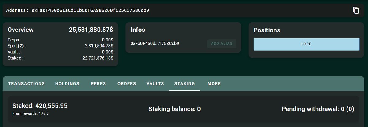 鲸鱼在 HyperLiquid 的持仓和 staking 额外截屏