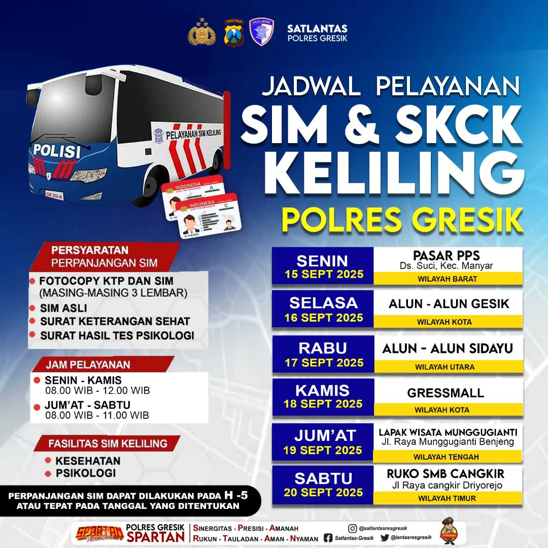 SekPangkahGrs's tweet image. Hallo Rekk!!
Jadwal Sim Keliling untuk pekan ini (15 september - 20 September 2025) sudah keluar. Catat tanggal dan lokasinya, ya! Jangan sampai kelewatan, ya☺️
#simkelilinggresik #gresik #satlantaspolresgresik #polresgresik