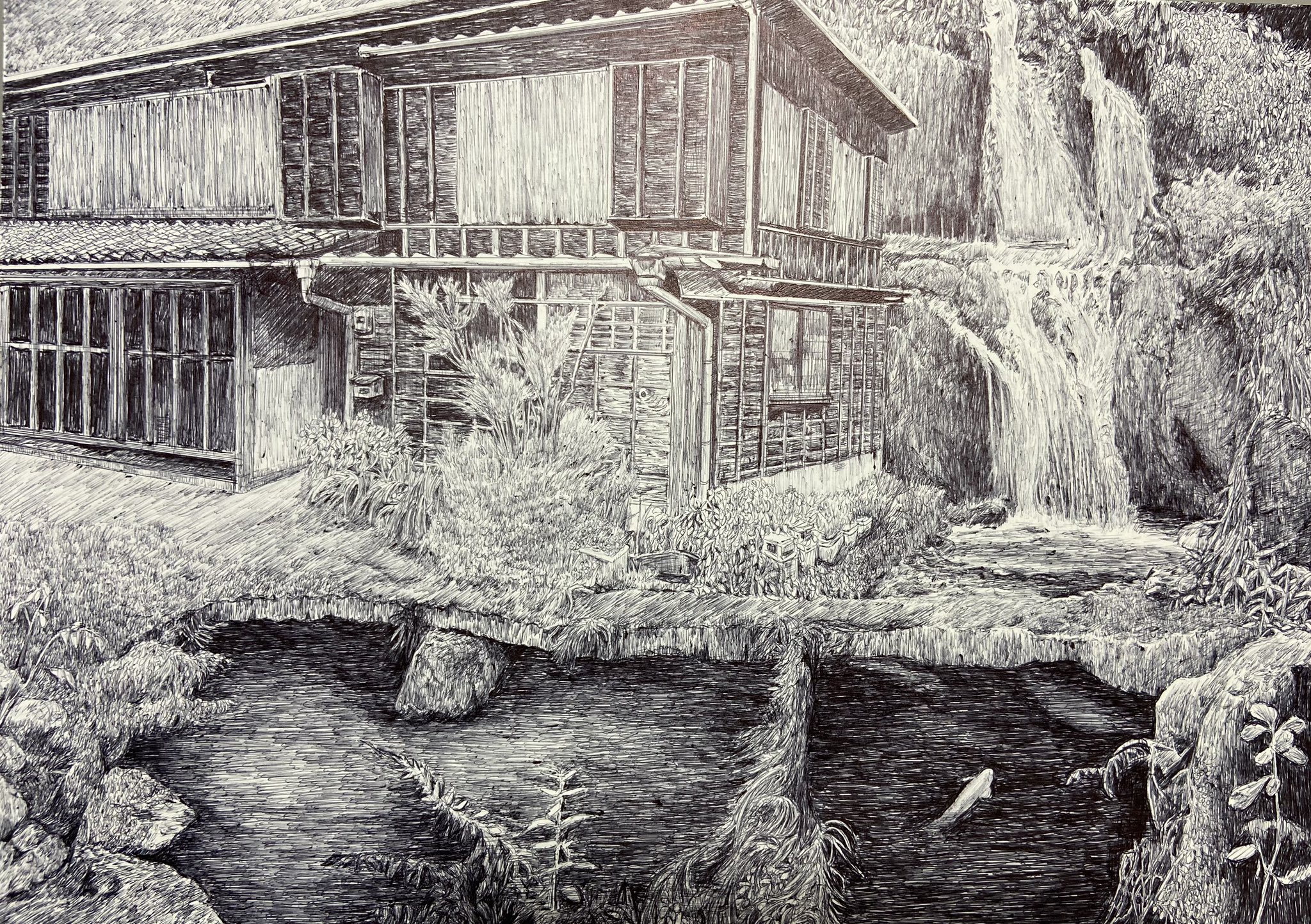 風景画 ペン絵 限定版美術品 展覧され 2023.5.17 高島市鹿ケ瀬集落で田植えを終えた水田越しの民家を