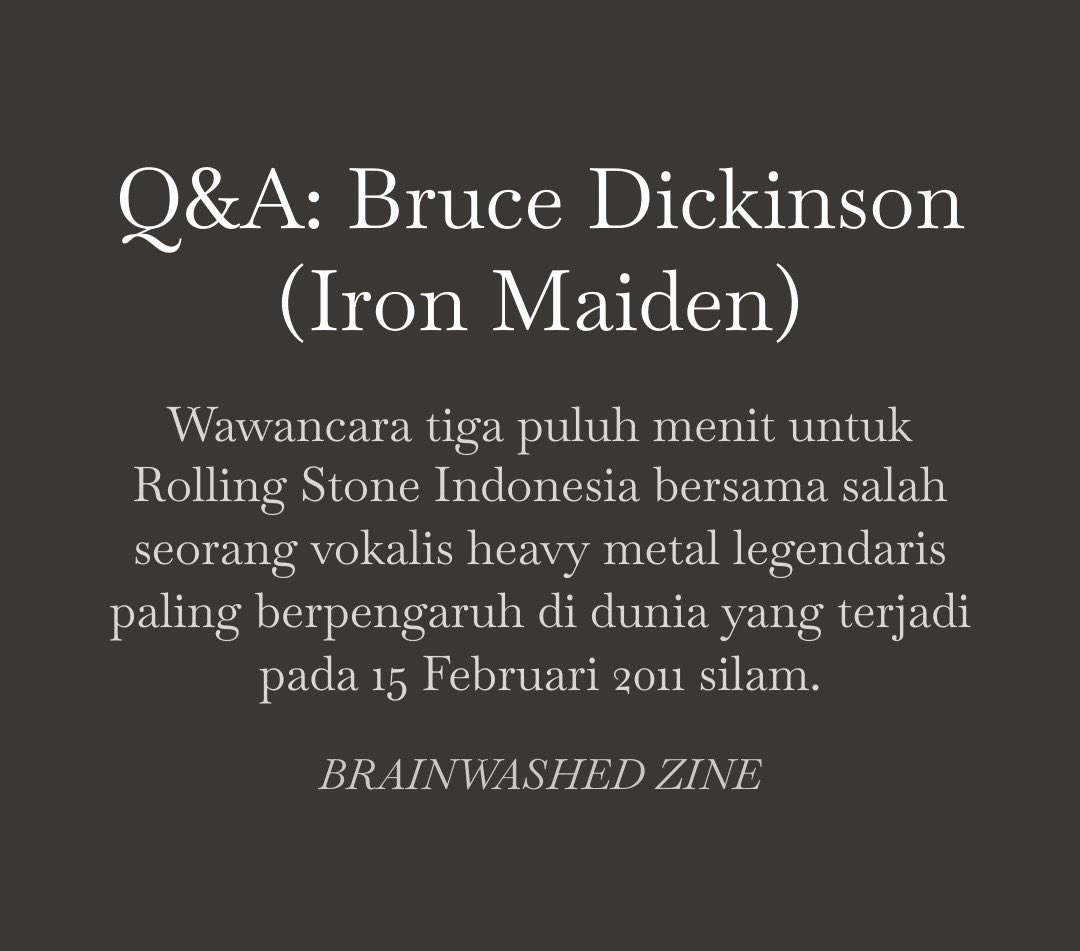 Wawancara tiga puluh menit pada 2011 membahas Grammy Awards, Ariel Noah, revolusi Mesir, fans Indonesia, kerja kantoran hingga 5 album terbaik sepanjang masa versi Bruce Dickinson. 

Up the Irons! 🤘🔥

Hanya di Substack, brainwashedzine.com!
