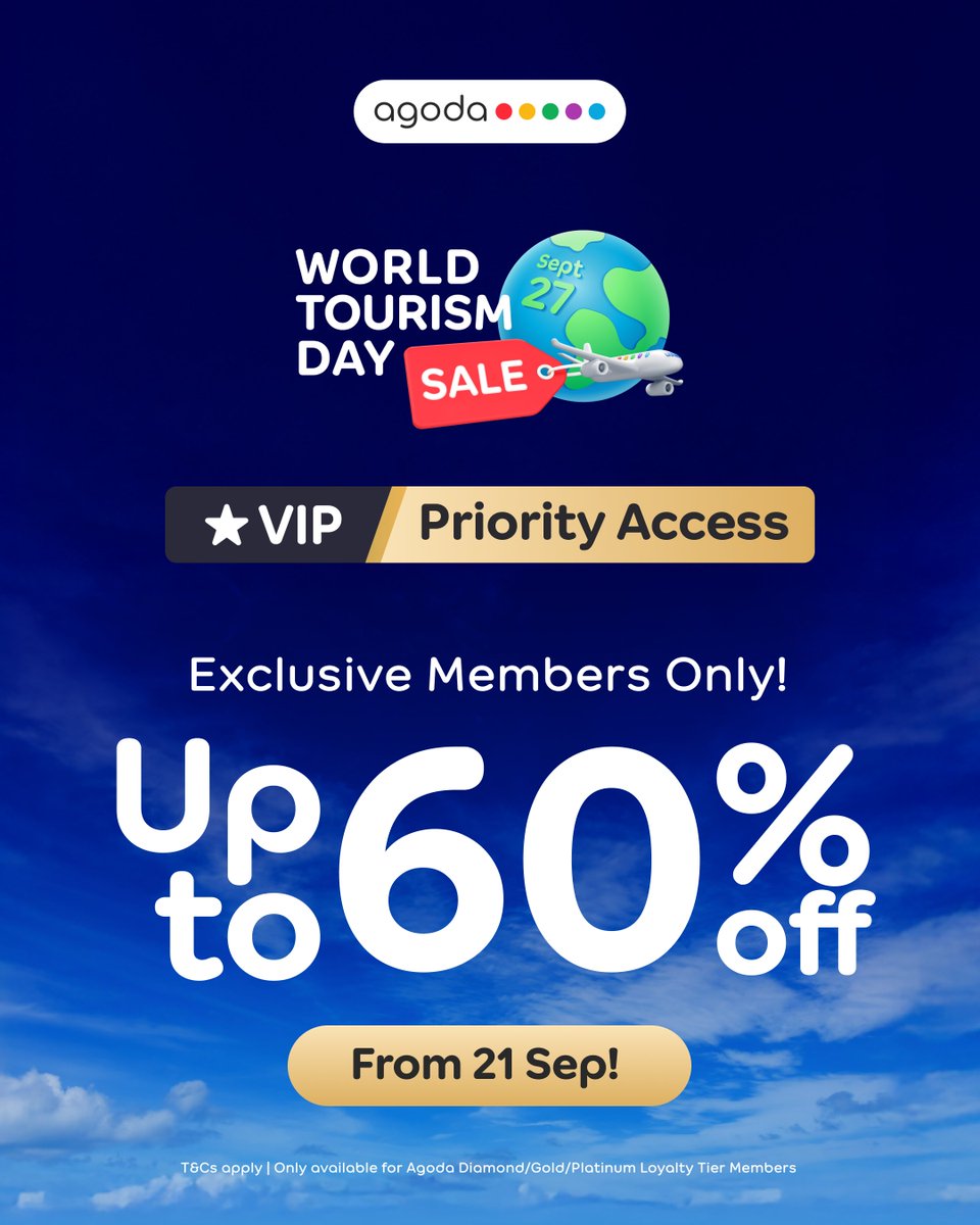 agodaindia's tweet image. VIPs, pack your bags—World Tourism Day Sale is here! 🌍 

Up to 60% OFF hotels, flights &amp;amp; activities worldwide. ⚡️ 

Don’t miss your exclusive early access. Hurry &amp;amp; book today!
👉 ago-da.co/46DTuYi

#SeetheWorldforLess with #Agoda ✈️✨

#WorldTourismDaySale