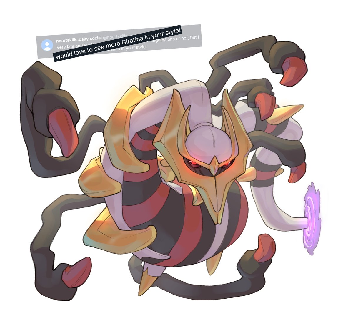GIratina! Suggested by noartskills over on BlueSky.

I’m thinking of opening colored sketch comms in this style next week. Would anyone be interested? 🥺