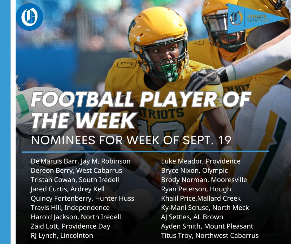 Here are the nominees for The Observer's high school football player of the week. The poll closes Thursday at noon.

Vote now. Vote often. Vote at link below:

charlotteobserver.com/sports/high-sc…