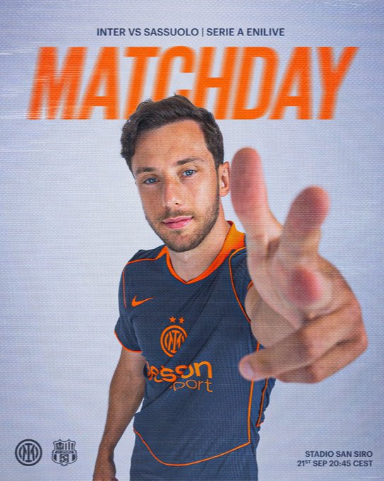 A man wearing an Inter Milan soccer jersey with orange trim and the Nike logo, making a peace sign with his hand. Text on the image reads "INTER VS SASSUOLO / SERIE A ENILIVE MATCHDAY" and "STADIO SAN SIRO 21ST SEP 20:45 BST".
