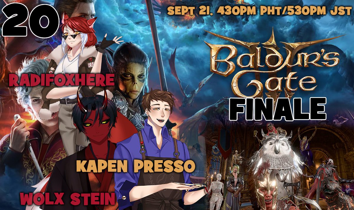 Baldur's Gate 3 Collab Part 20 with <a href="/RadifoxHere/">Radifox 🦊 | PNGTuber</a>
 and <a href="/wolx_stein/">Wolx Stein 👹🧬 | PH/EN vtuber</a>  soon! 
4:30PM PHT, 5:30PM JST

twitch.tv/kapenpresso
twitch.tv/radifoxhere
twitch.tv/wolxstein

#KapenLive