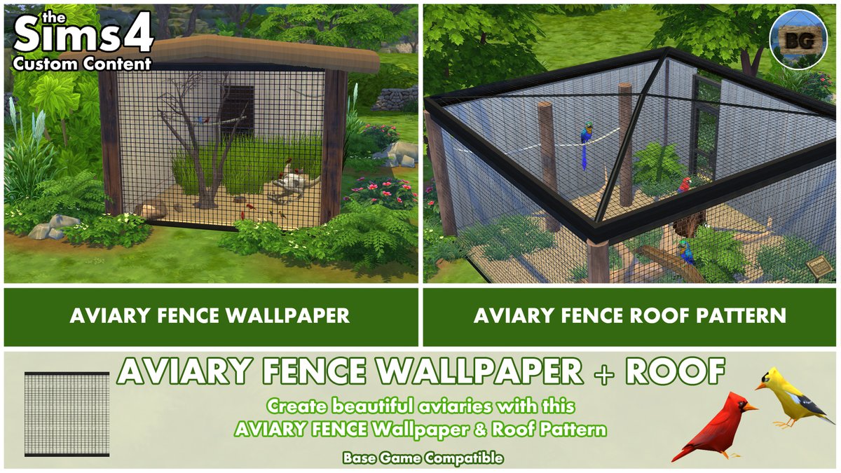 🎉Aviary Fence - Wallpaper &amp; Roof Pattern🎉
Create beautiful aviaries with these two mods!
For more info, take a look at this Patreon post(link for roofing in that post):
patreon.com/posts/137020228

#TheSims4 #Sims4 #TheSims4Mods #TheSims4CustomContent #TheSims4CC