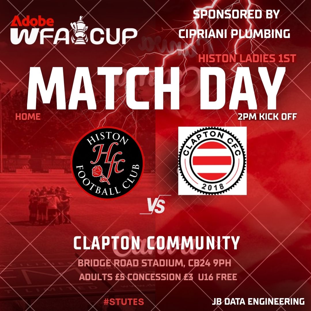 🔥 MATCHDAY! 🔥
The FA Cup 2nd Qualifying Round is here!
⚽ Histon Ladies vs Clapton Community
📍 Bridge Road
🕑 Kick-off: 2PM

Come down and back the girls as they battle for a place in the next round! 💪❤️
#FACup #HistonLadies #Matchday