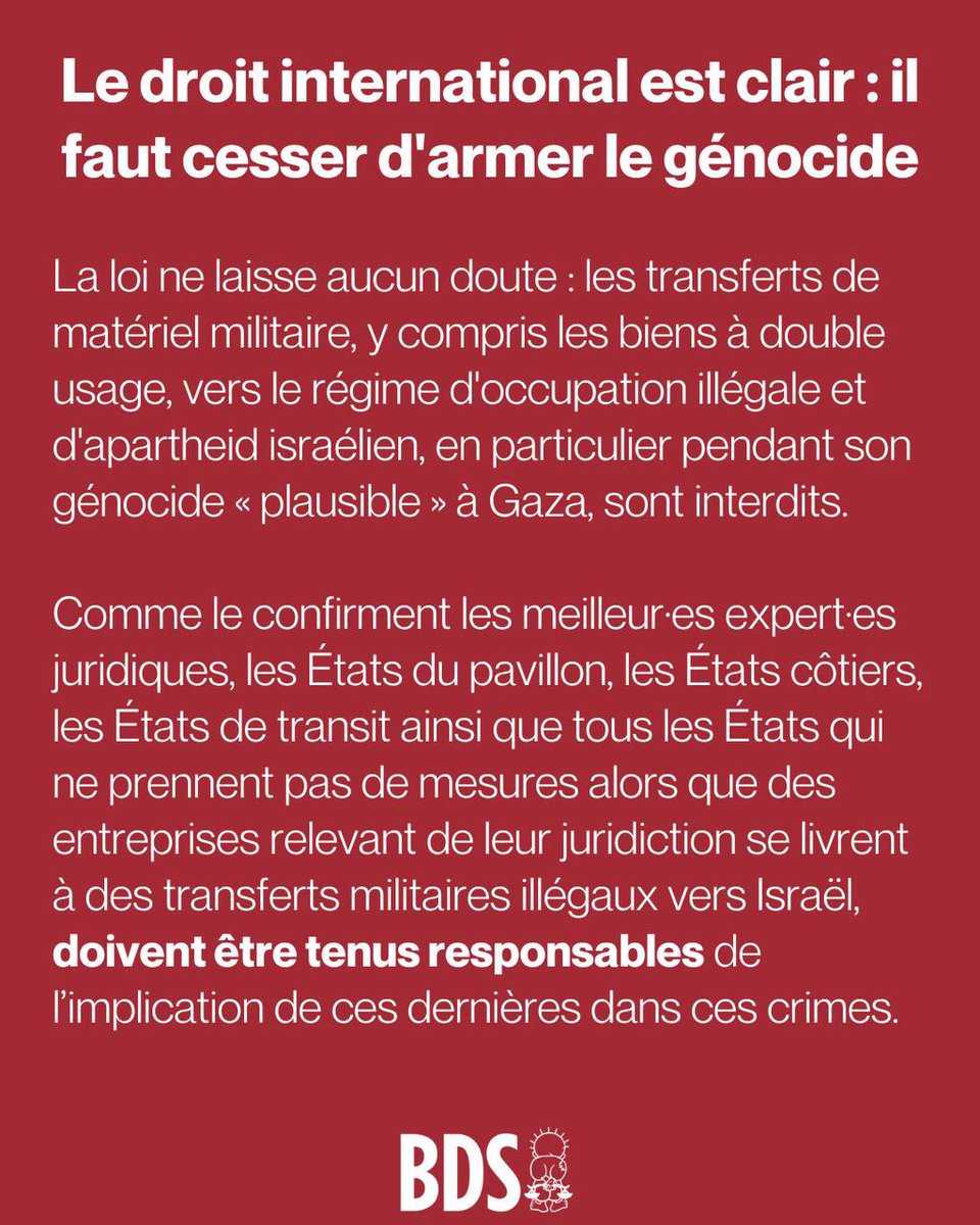 JeanNaymar92's tweet image. Il est plus urgent que jamais d&apos;arrêter les transferts de fournitures permettant à Israël de poursuivre ses crimes et de lui imposer un embargo militaire complet

Le droit international est clair : il faut cesser d&apos;armer le génocide

@Campagnebds #StopArmingIsrael #GazaGenocide‌