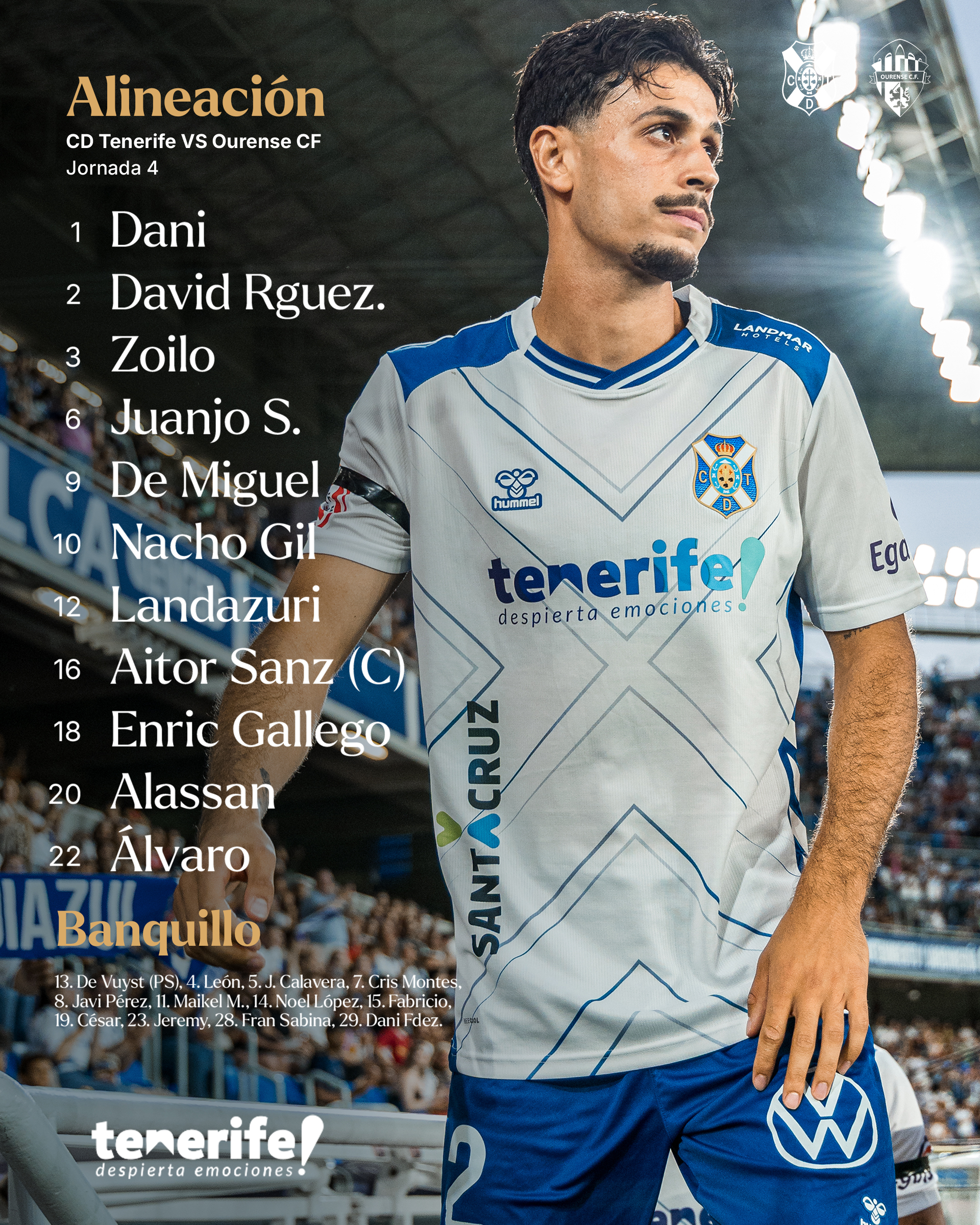 Alineación CD Tenerife:1. Dani 2. David Rguez. 3. Zoilo 6. Juanjo S. 9. De Miguel 10. Nacho Gil 12. Landazuri 16. Aitor Sanz (C) 18. Enric Gallego 20. Alassan 22. Álvaro Banquillo: 13. De Vuyst (PS) 4. León 5. Calavera 7. Cris Montes 8. Javi Pérez 11. Maikel M. 14. Noel López 15. Fabricio 19. César 23. Jeremy 28. Fran Sabina 29. Dani Fdez. Entrenador: Álvaro Cervera