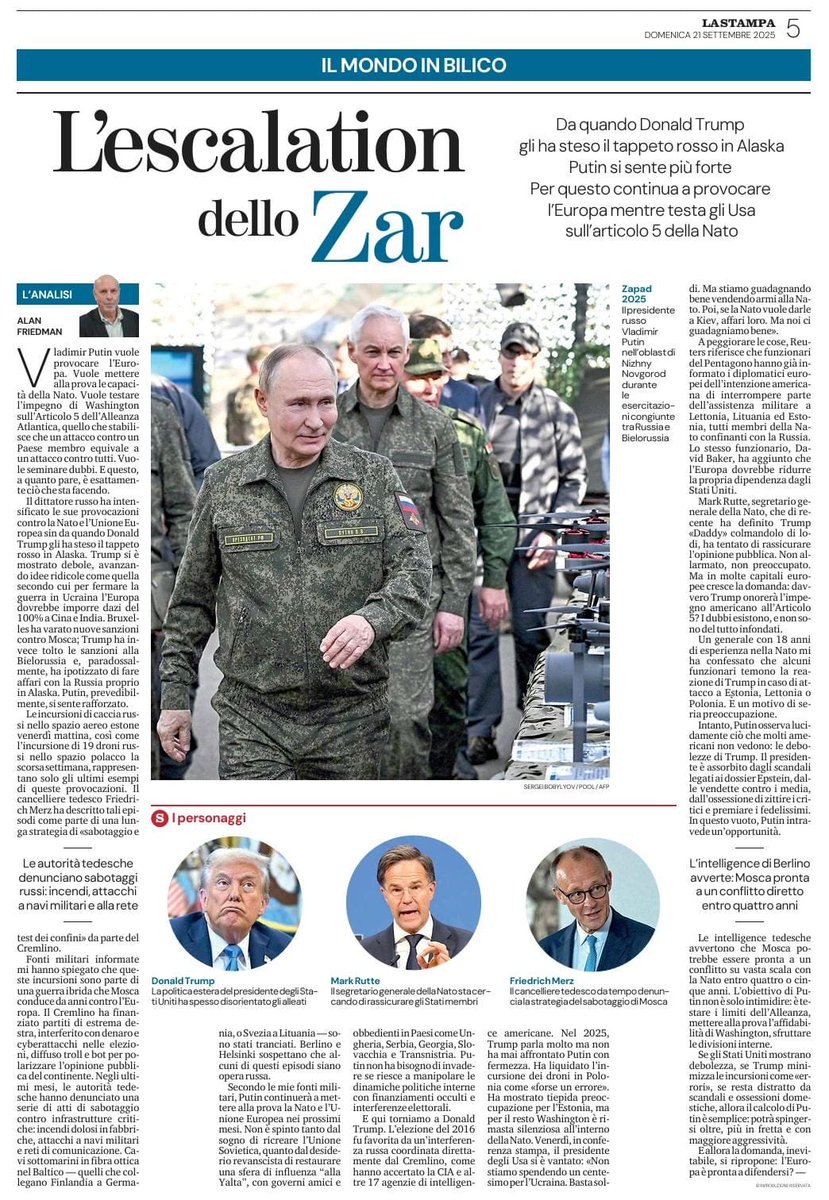 “L’obiettivo di Putin non è solo intimidire: è testare i limiti dell’Alleanza, mettere alla prova l’affidabilità di Washington, mettere in dubbio l’impegno americano legato all’Art. 5 e sfruttare le divisioni interne.”      Ecco il mio articolo stamane ⁦<a href="/LaStampa/">La Stampa</a>⁩