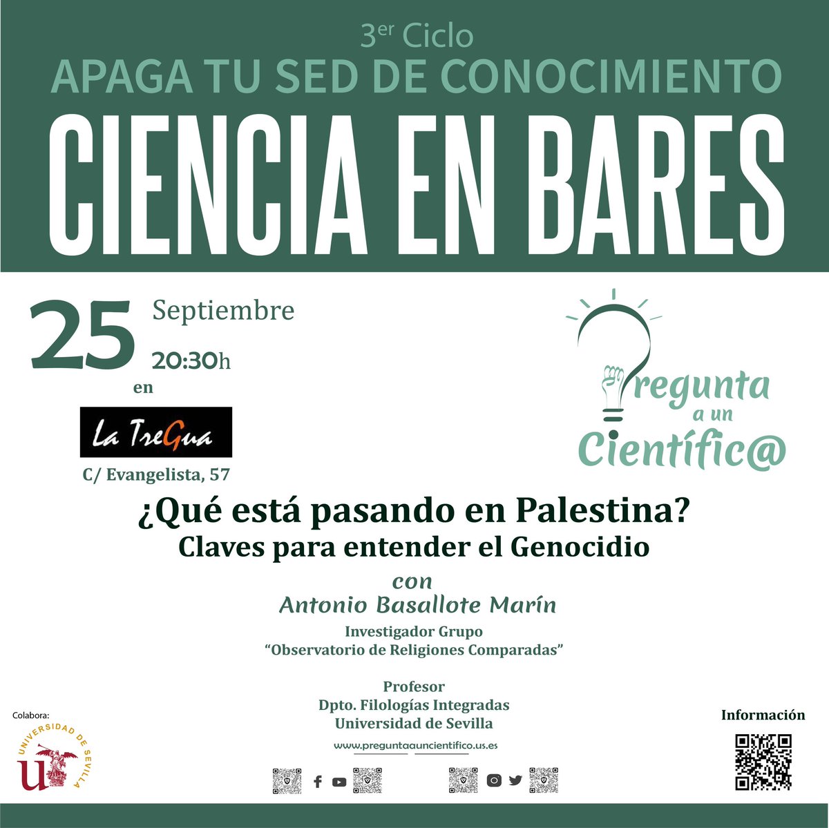 ¡Vuelve la divulgación científica! Este jueves 25 a las 20:30 h, tendremos una charla sobre Palestina con un investigador de la Universidad de Sevilla en el Bar La Tregua (Triana).
​¡Te esperamos! 🍻
​#Divulgacion #Sevilla #Palestina #CienciaEnLosBares