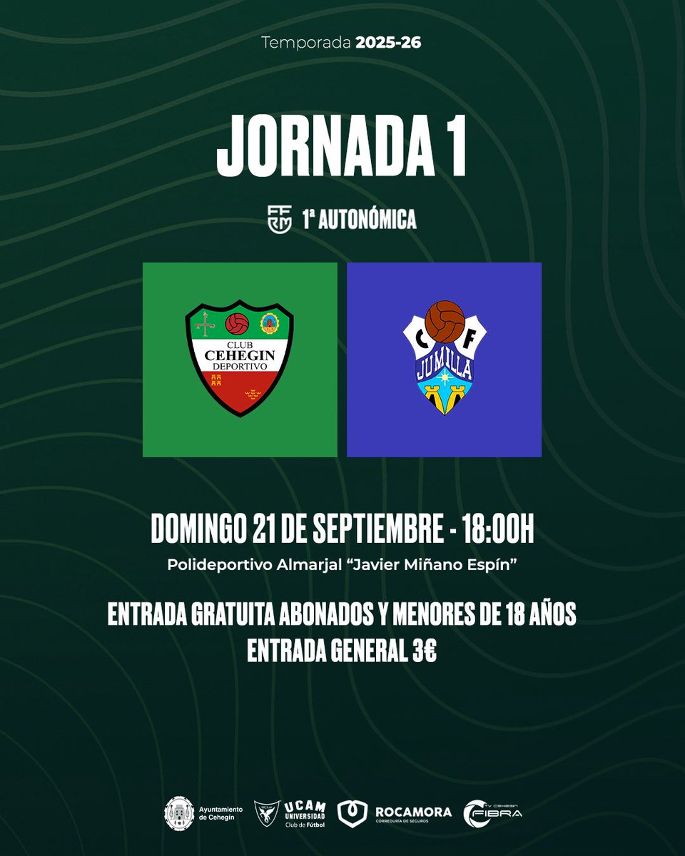 🏆 1ª Autonómica | J01

🆚 Jumilla C.F.
📆 Domingo 21 de septiembre
🕢 18:00H
🏟 Polideportivo Almarjal “Javier Miñano Espín”
🎟 Entrada gratuita abonados y menores de 18 años. Entrada general 3€.