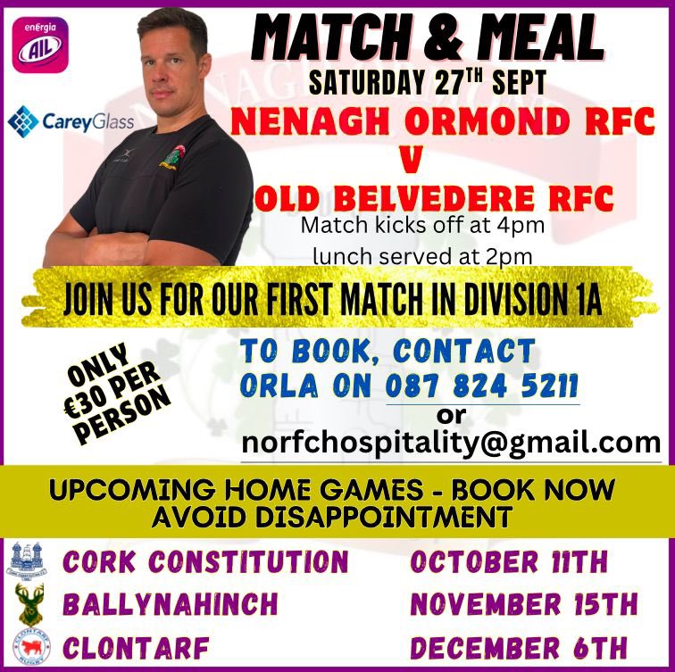 Next Sat Sept 27th we welcome Old Belvedere to New Ormond Park. 
It’s a historic day for our club as it’s our 1st game in Div1A 🔴⚪️
Please note KO is 4pm. 
We have a meal and match day offer below ⬇️
<a href="/OldBelvedereRFC/">Old Belvedere RFC</a> <a href="/NenaghGuardian/">NenaghGuardian</a> <a href="/TippFMSport/">Tipp FM Sport</a> <a href="/theclubscenepod/">The Club Scene Podcast</a> <a href="/AnyscorFanApp/">Anyscor</a>
