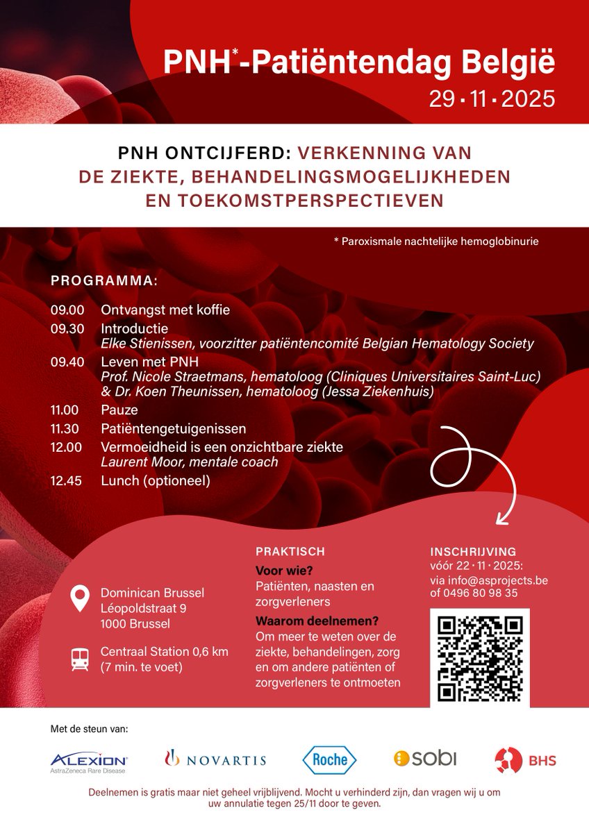 📷 29 november 2025
📷 Dominican Brussel, Leopoldstraat 9, 1000 Brussel
📷 Patiëntendag over paroxismale nachtelijke hemoglobinurie (pnh), een bloedziekte.
📷 Voor patiënten, naasten en zorgverleners.
#PNH #symposium #paroxismalenachtelijkehemoglobinurie