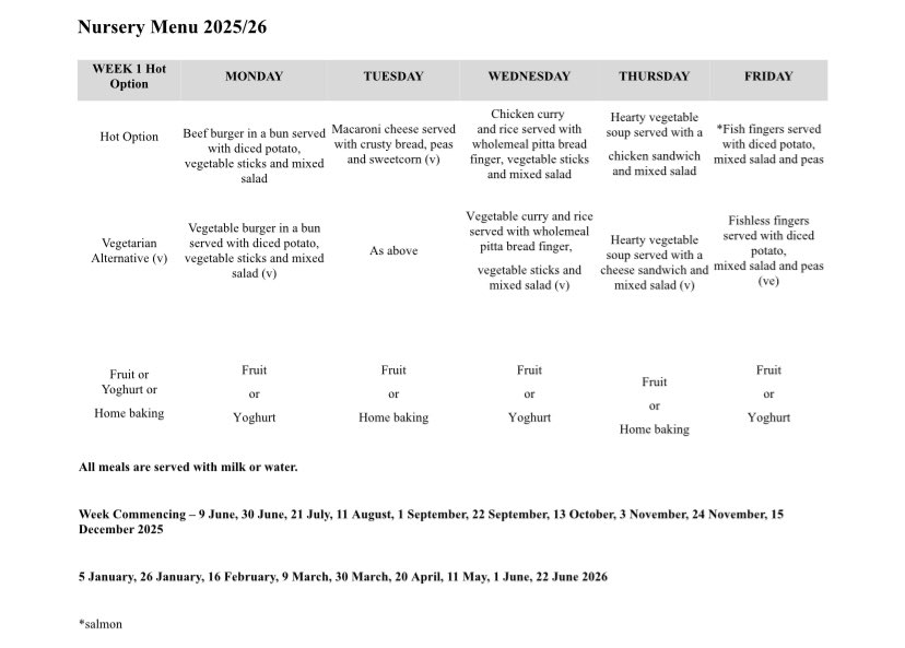 It’s week 1 menu for all nursery pupils for the week ahead, lots of yummy and nutritious meals on offer! 💙🍽️🍓🍏🥕🍽️💙#lovinglunches