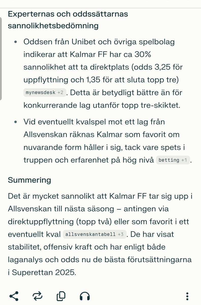 kentlundgren's tweet image. Frågade #Perplexity (#generativAI): 
&quot;Du kan svensk fotboll. analysera och beskriv hur sannolikt det är att Kalmar FF kommer upp i allsvenskan nästa år.&quot;  perplexity.ai/search/du-kan-…  #nyaAI
