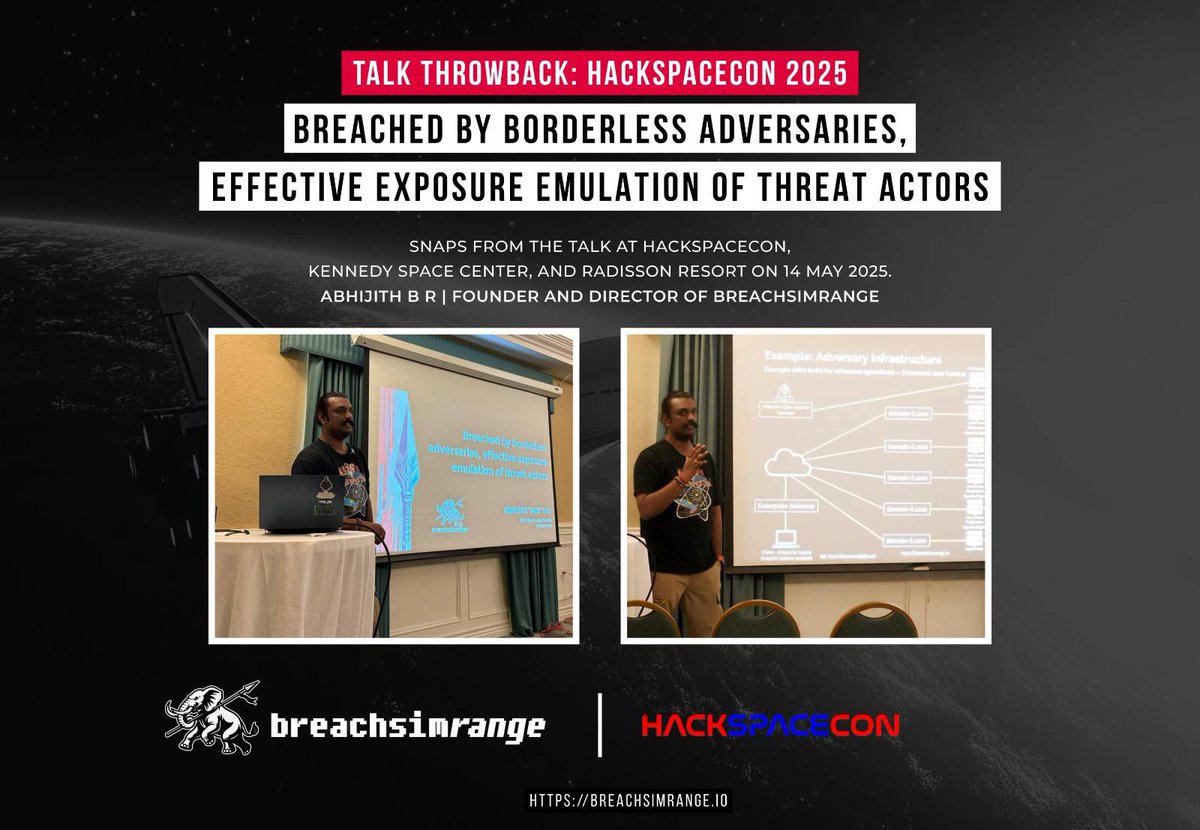 Throwback to <a href="/HackSpaceCon/">HackSpaceCon</a> :
Snaps from the Talk "Breached by borderless adversaries, effective exposure emulation of threat actors" led by <a href="/abhijithbr/">Abhijith B R</a> at <a href="/HackSpaceCon/">HackSpaceCon</a>, Kennedy Space Center, and Radisson Resort on 14 May 2025.
Learn more: breachsimrange.io
#BreachSimRange