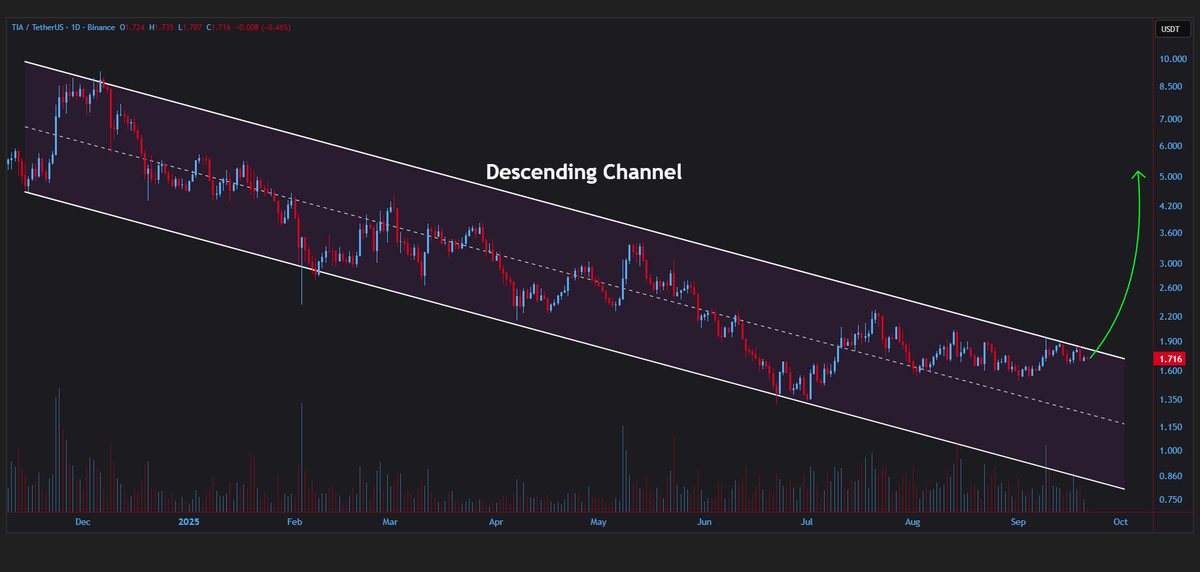 jeraldcrypt's tweet image. #TIA/USDT is ready to breakout off the descending channel on the daily chart🔍

More upside is expected🚀