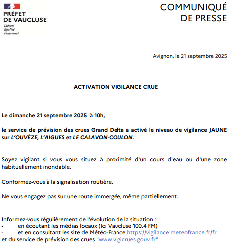 #VigilanceCrues#Vaucluse Le service de prevision des crues du grand Delta vient de déclencher le niveau de vigilance JAUNE sur l'Ouvèze, l'Aigues, et le Calavon-Coulon. Soyez vigilant!