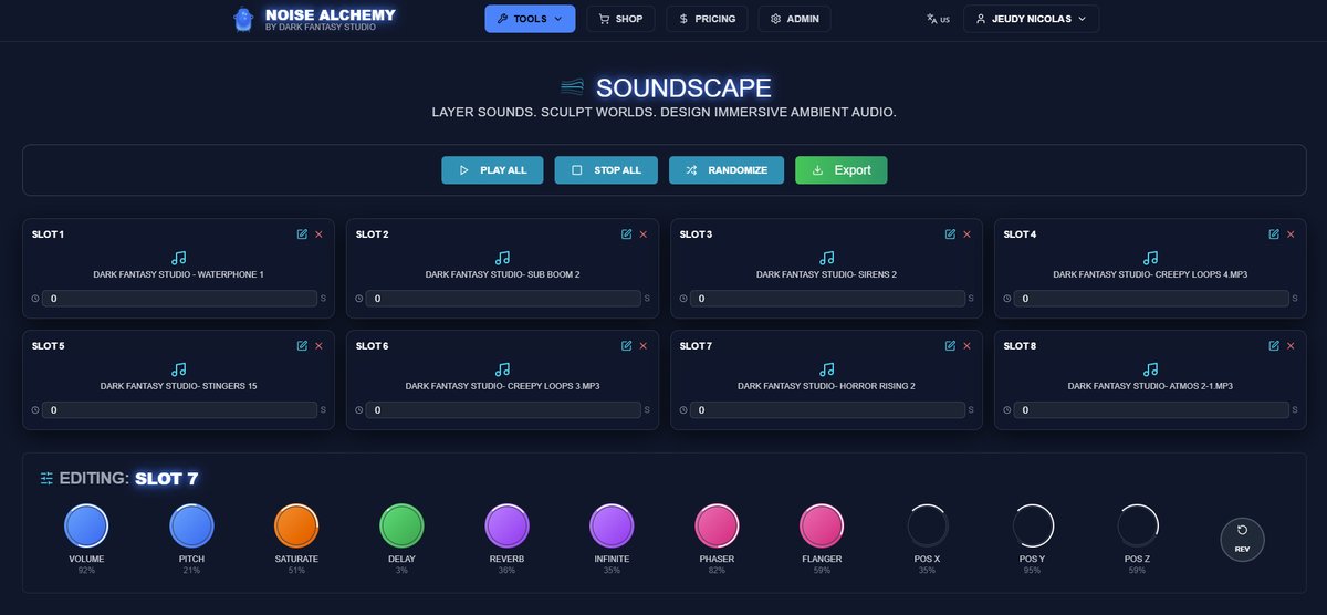 🎧 SOUNDSCAPE on NoiseAlchemy.com
👉 Import up to 8 sounds
👉 Add effects
👉 Layer &amp; mix to craft your own immersive soundscapes. From horror vibes to epic atmospheres — create it all in seconds!
#noisealchemy #SoundDesign #Soundscape #GameDev #Filmmaking #IndieDev #SFX