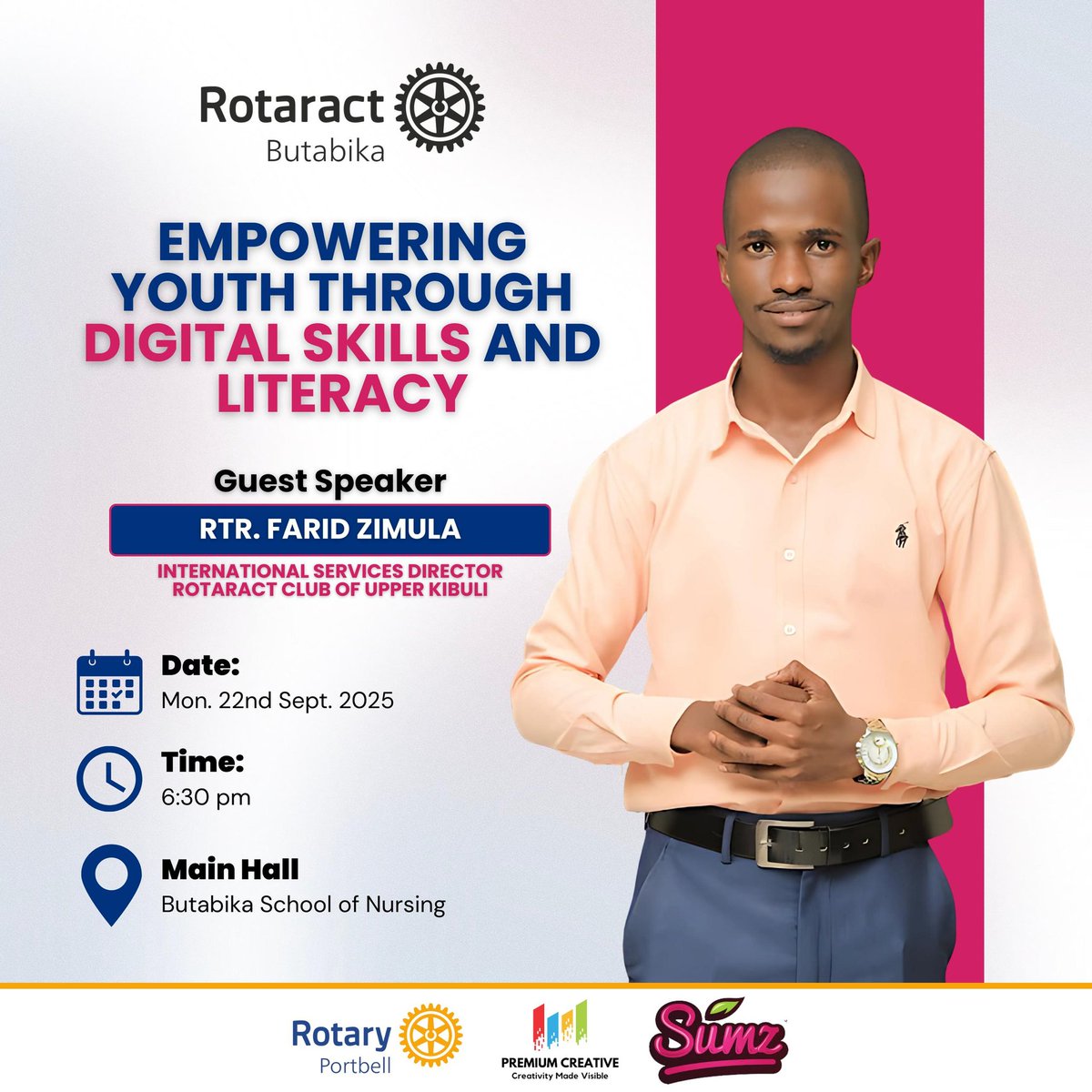 Empowering the Future
Rotaract Club of Butabika invites you to a transformative session on “Empowering Youth Through Digital Skills and Literacy.”
 Guest Speaker: Rtr. Farid Zimula
📅 Mon, 22,Sept2025
⏰  6:30pm
📍 Venue: Main Hall,Butabika School of Psychiatric clinical officers